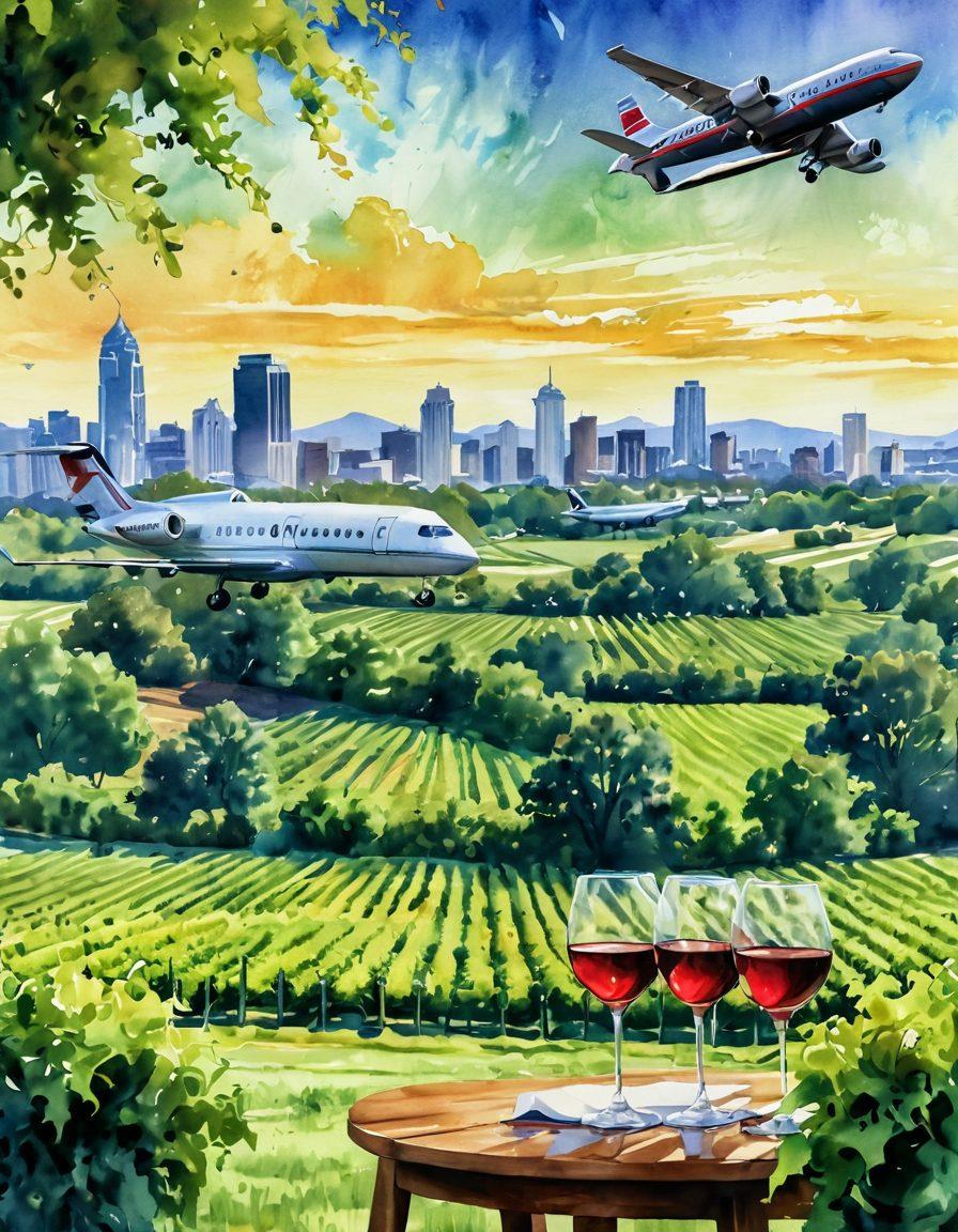 A picturesque scene blending an airport with rolling vineyards, showcasing travelers sipping wine in a lush green landscape while planes take off in the background. Include iconic Atlanta city skyline elements peeking above the vineyard. The image should convey warmth and adventure, inviting wine lovers to explore. watercolor style. vibrant colors. 3D.