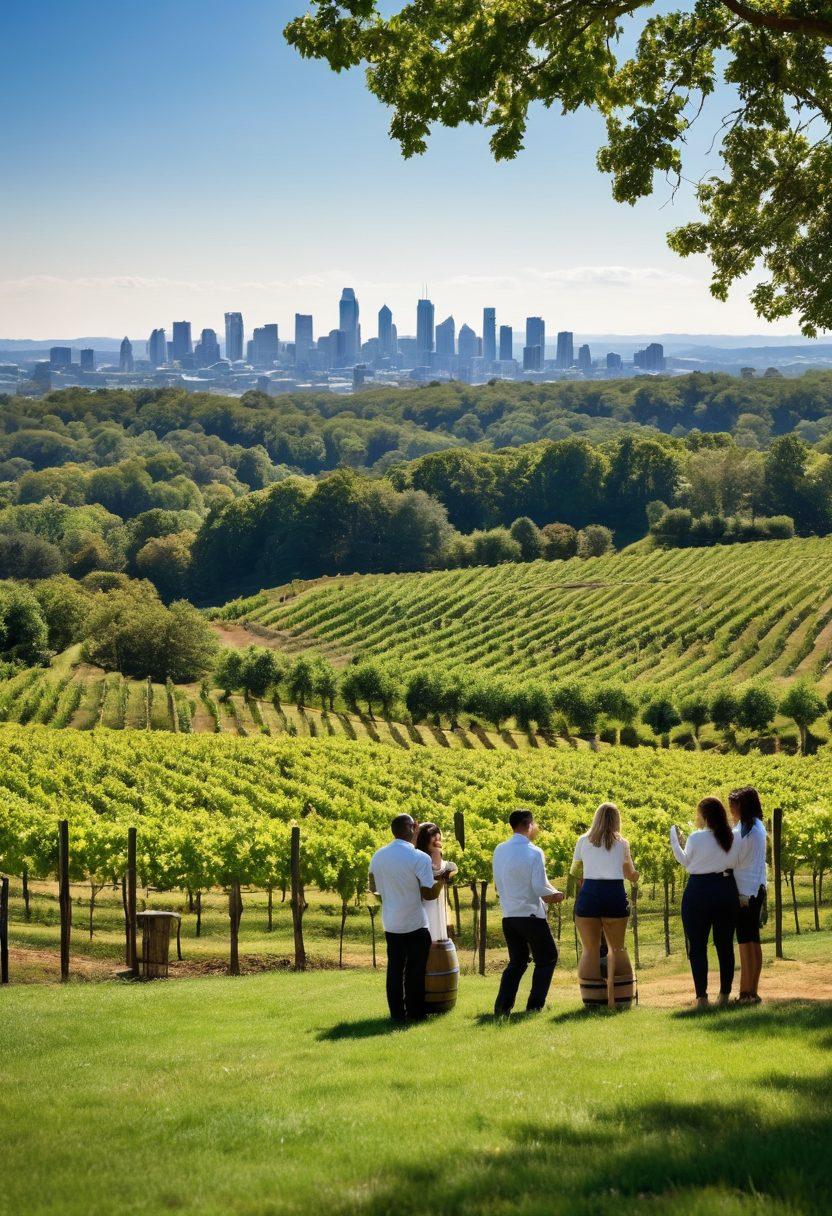 A vibrant vineyard stretching across rolling hills under a clear blue sky, dotted with wine barrels and grapevines. In the foreground, a group of diverse travelers enjoying wine tasting at an elegant outdoor event, clinking glasses and laughing. Include iconic Atlanta skyline in the distant background to link the city to the wine experience. Capture the essence of celebration and adventure in a sunlit atmosphere. super-realistic. vibrant colors.