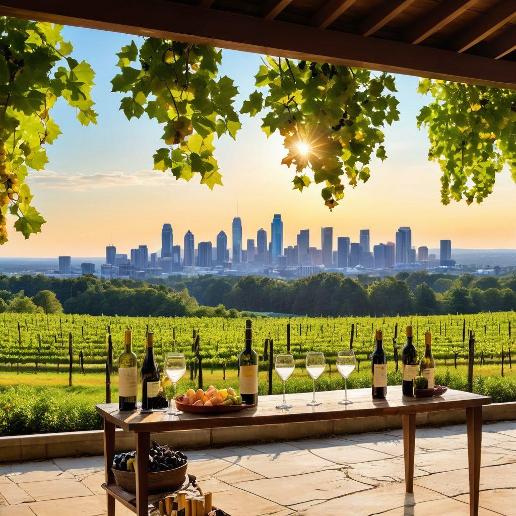 A panoramic view of a picturesque Atlanta vineyard, showcasing lush grapevines under a clear blue sky. In the foreground, a beautifully arranged wine tasting table with various wine glasses, bottles, and appetizers. A subtle hint of the city skyline in the background reminds viewers of Atlanta's urban charm. Soft golden sunlight casts warm tones over the scene, inviting a feeling of relaxation and exploration. vibrant colors. super-realistic. panoramic view.